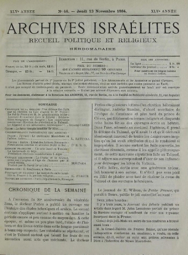 Archives israélites de France. Vol.45 N°46 (13 nov. 1884)